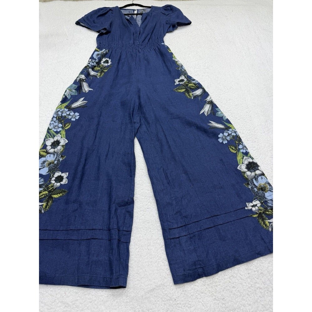 Anthropologie Jumpsuit Somerset Linen Blue Floral Retro Boho Preppy Medium NWT - Picture 2 of 14